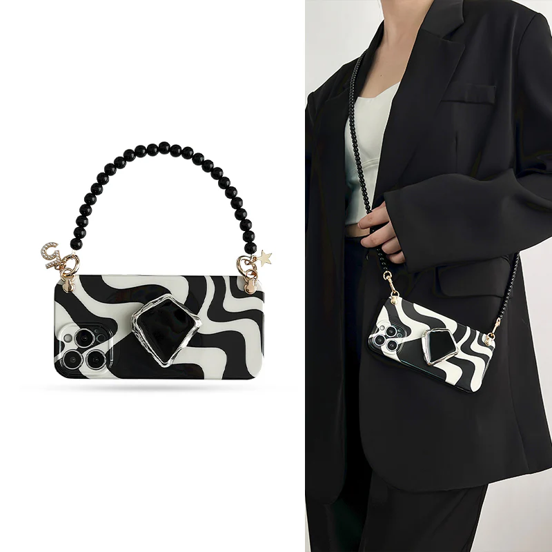 iPhone Lanyard Series | Black and White Simple Design Silk Scarf Phone Case - Image 2