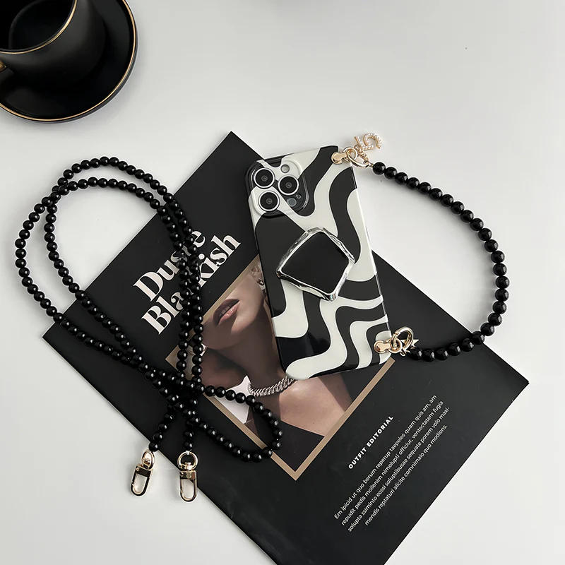 iPhone Lanyard Series | Black and White Simple Design Silk Scarf Phone Case - Image 6