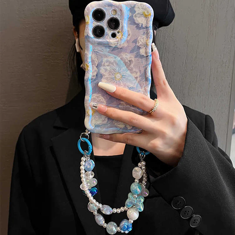 iPhone Lanyard Series | Blue Daisy Oil Painting Design Phone Case - Image 3
