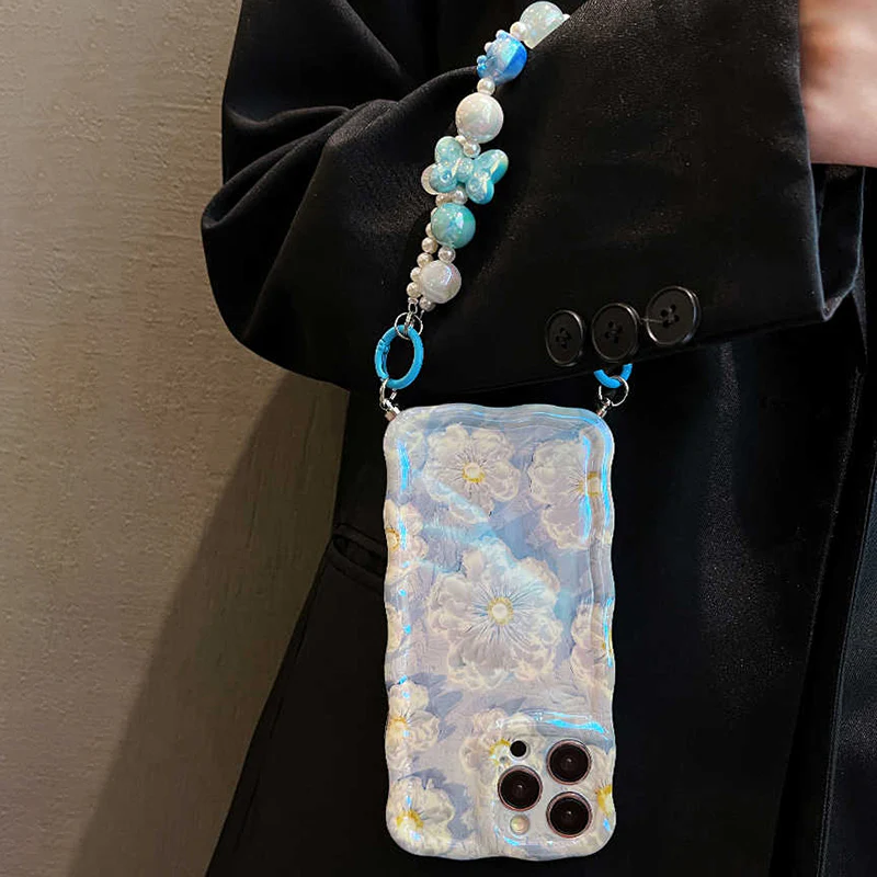 iPhone Lanyard Series | Blue Daisy Oil Painting Design Phone Case - Image 5