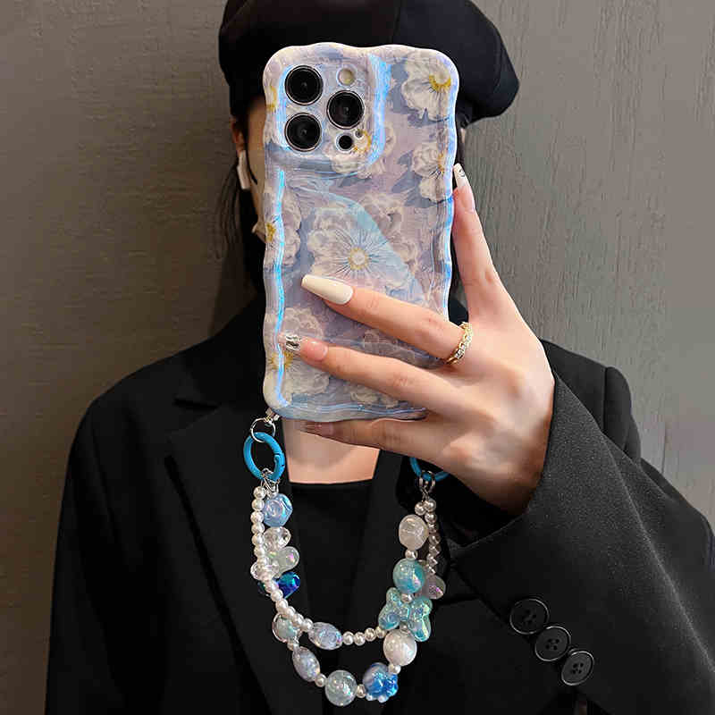 iPhone Lanyard Series | Blue Daisy Oil Painting Design Phone Case - Image 6