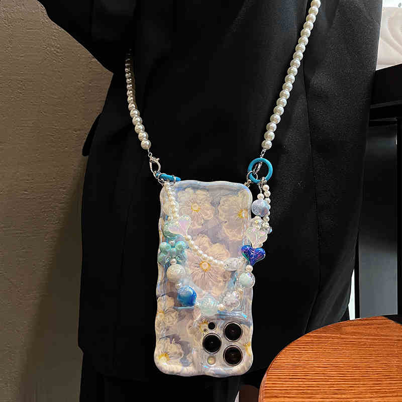 iPhone Lanyard Series | Blue Daisy Oil Painting Design Phone Case - Image 7