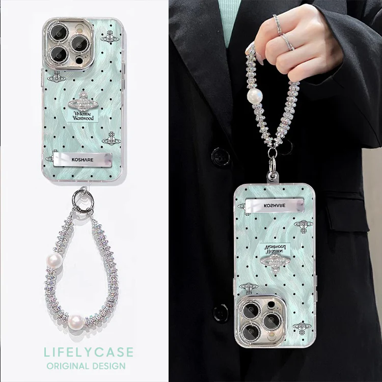 iPhone Lanyard Series | Blue Polka Dot Folding Stand Phone Case - Image 2