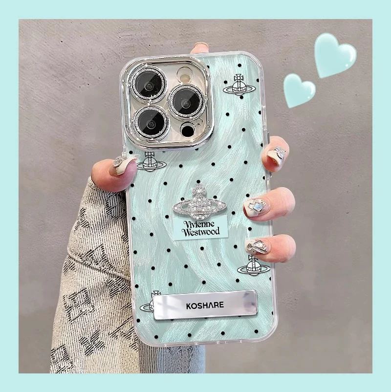 iPhone Lanyard Series | Blue Polka Dot Folding Stand Phone Case - Image 5