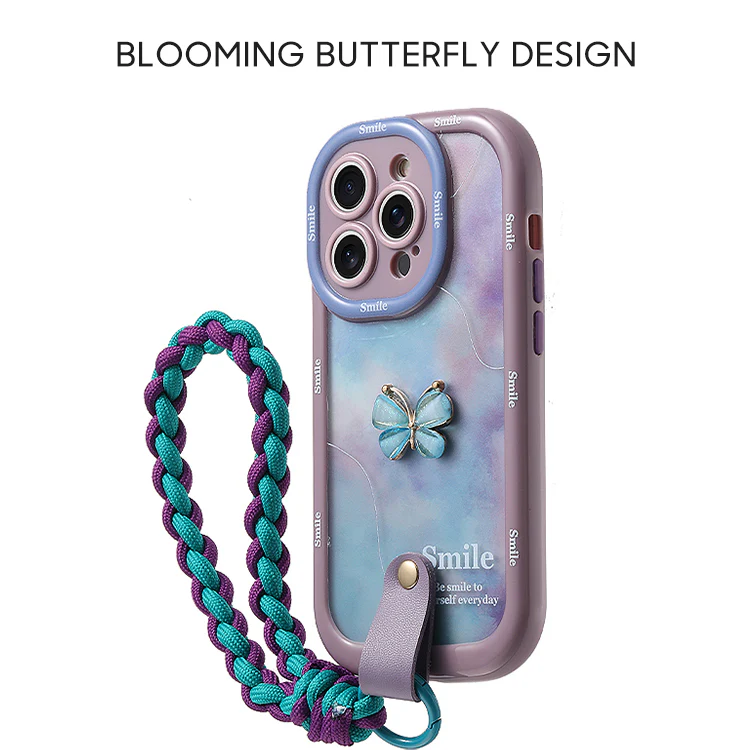 iPhone Lanyard Series | Rhinestone Butterfly Gradient Liquid Silicone Phone Case - Image 3
