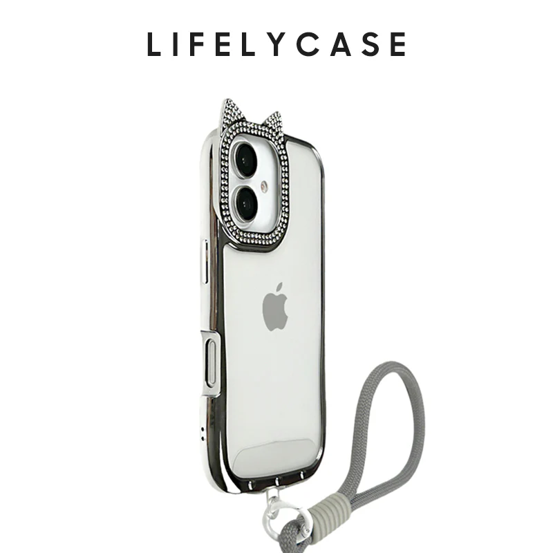 iPhone Lanyard Series | Diamond-Studded Cat Ear Design Electroplated Silicone Phone Case - Image 3