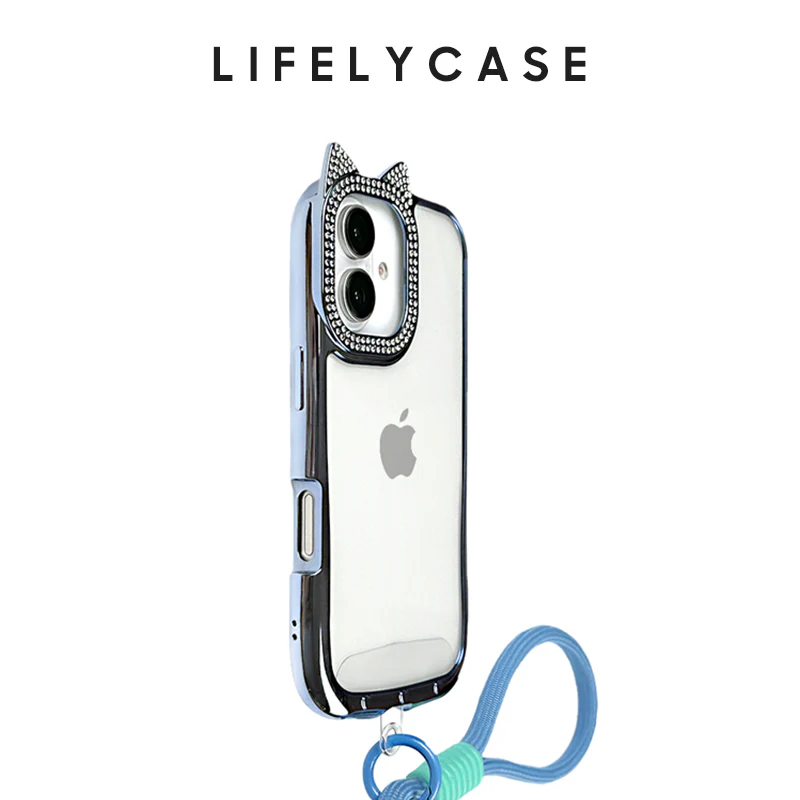 iPhone Lanyard Series | Diamond-Studded Cat Ear Design Electroplated Silicone Phone Case - Image 4