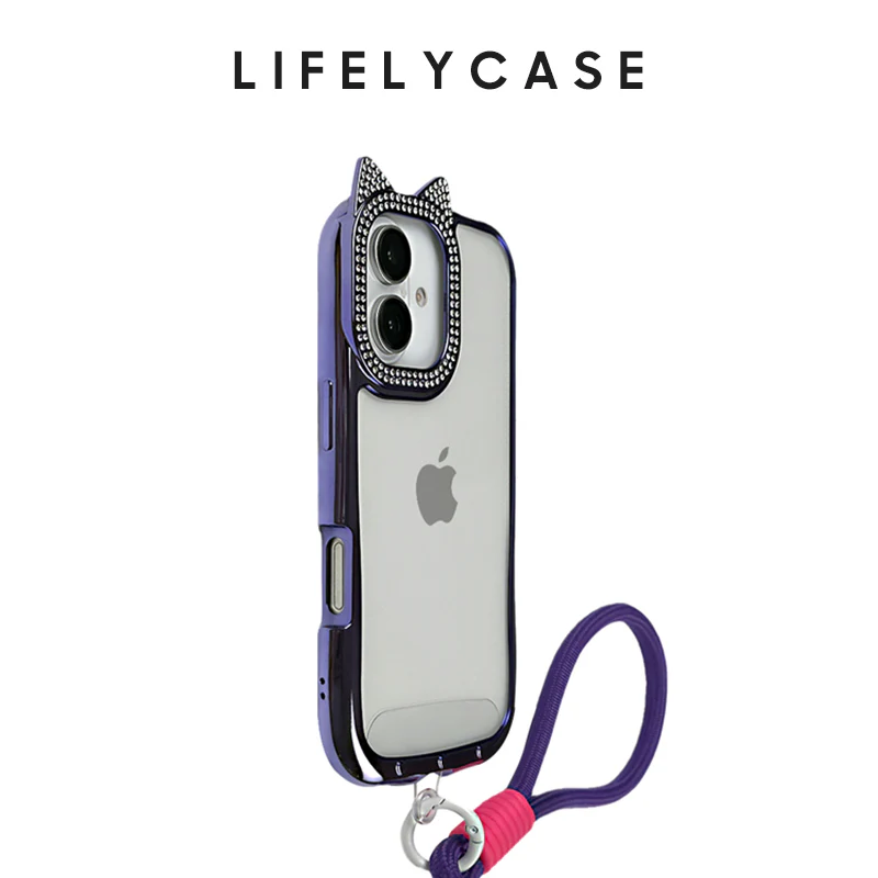 iPhone Lanyard Series | Diamond-Studded Cat Ear Design Electroplated Silicone Phone Case - Image 5