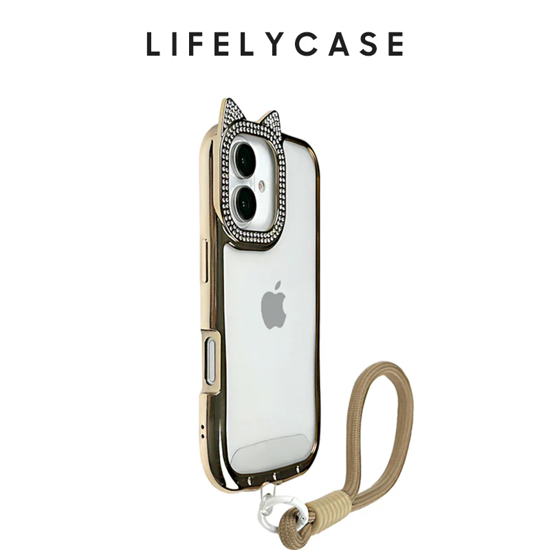 iPhone Lanyard Series | Diamond-Studded Cat Ear Design Electroplated Silicone Phone Case - Image 6