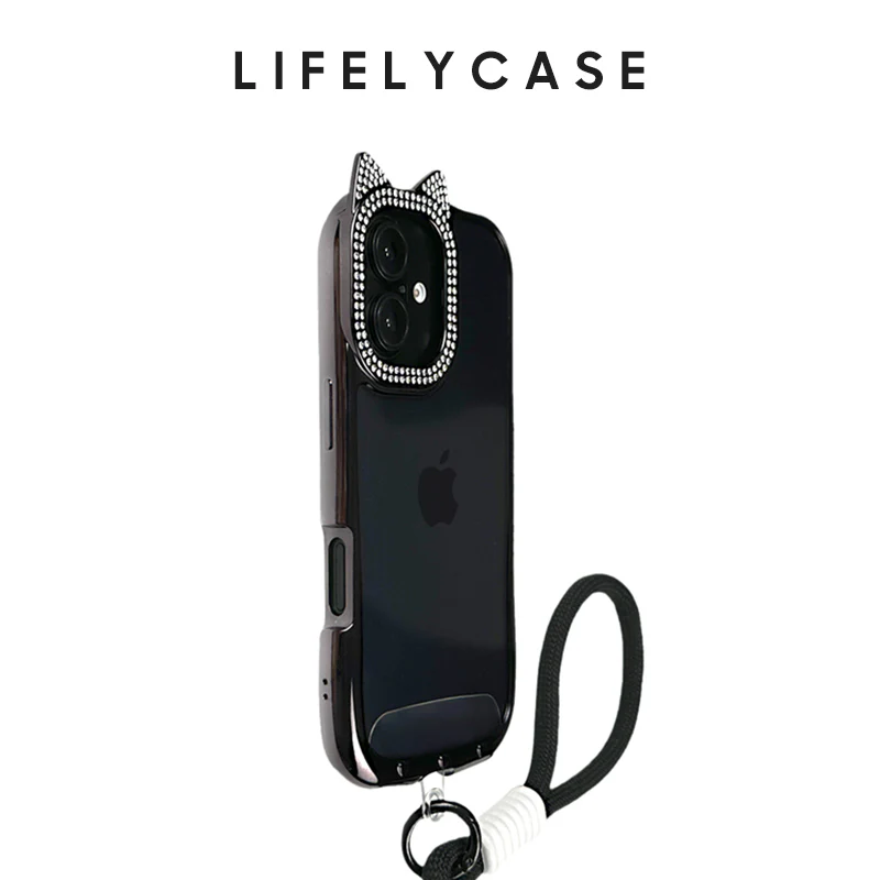 iPhone Lanyard Series | Diamond-Studded Cat Ear Design Electroplated Silicone Phone Case - Image 7
