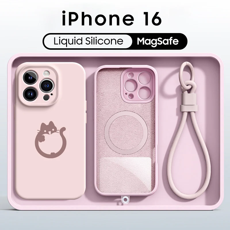 iPhone Lanyard Series | Cute Cat Liquid Silicone MagSafe Phone Case - Image 5