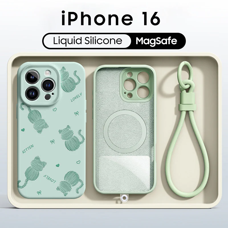 iPhone Lanyard Series | Cute Cat Liquid Silicone MagSafe Phone Case - Image 11