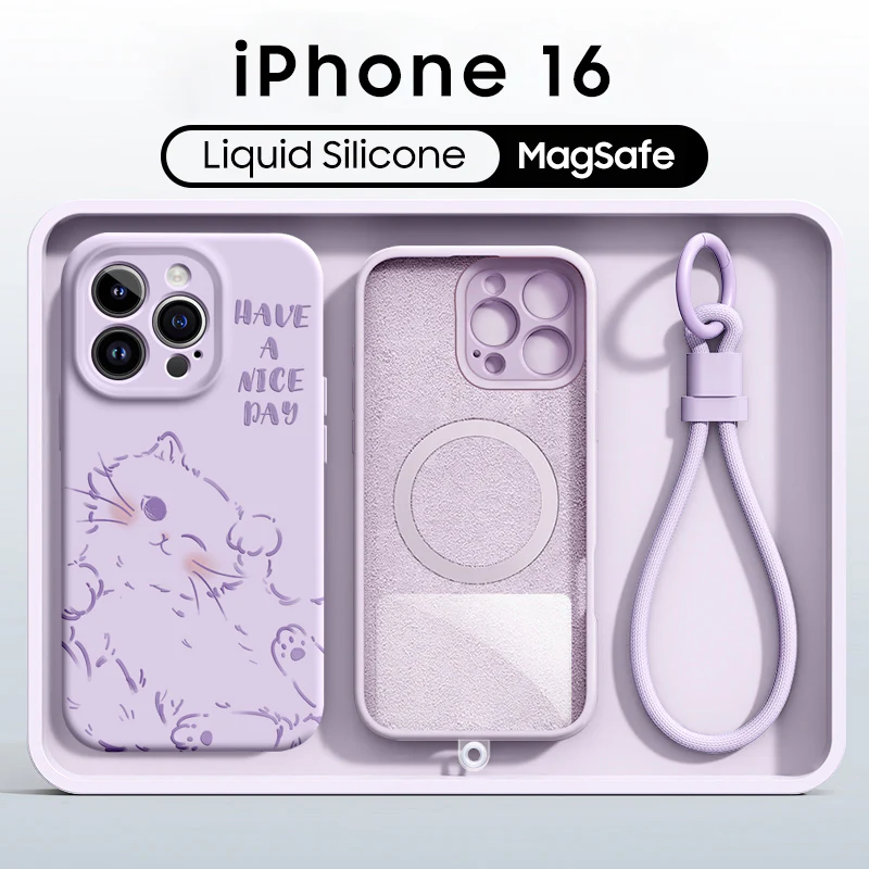 iPhone Lanyard Series | Cute Cat Liquid Silicone MagSafe Phone Case - Image 5