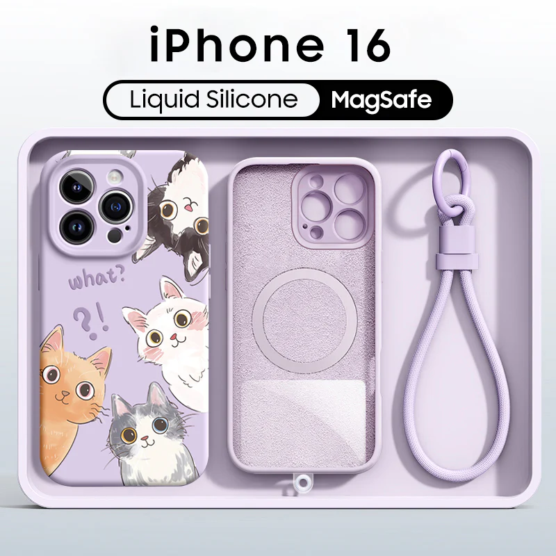 iPhone Lanyard Series | Cute Cat Liquid Silicone MagSafe Phone Case - Image 10