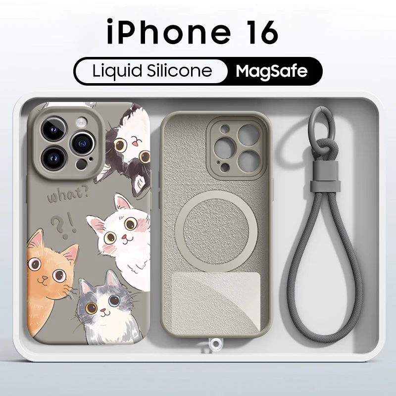iPhone Lanyard Series | Cute Cat Liquid Silicone MagSafe Phone Case - Image 11