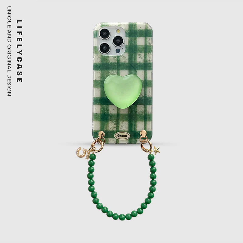 iPhone Lanyard Series | Green Lattice Heart Stand Phone Case - Image 3