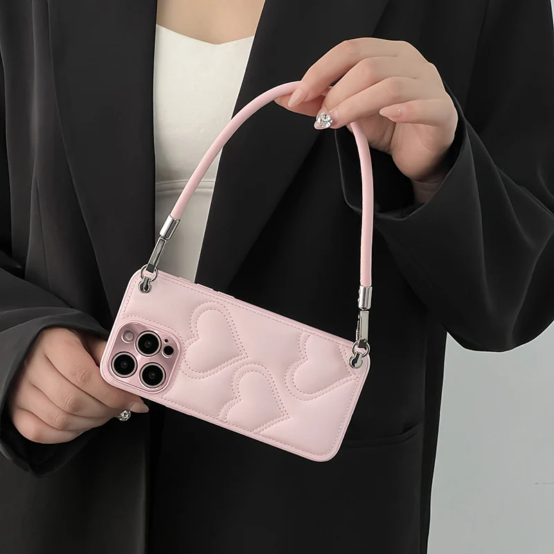iPhone Lanyard Series | Heart Pattern Leather Phone Case - Image 5