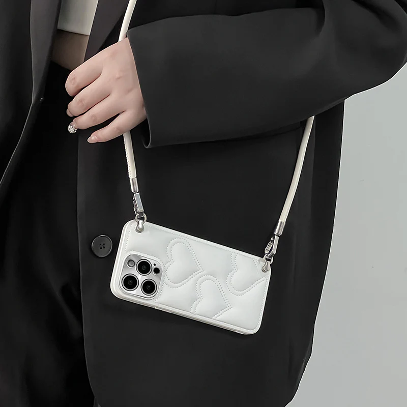 iPhone Lanyard Series | Heart Pattern Leather Phone Case - Image 9