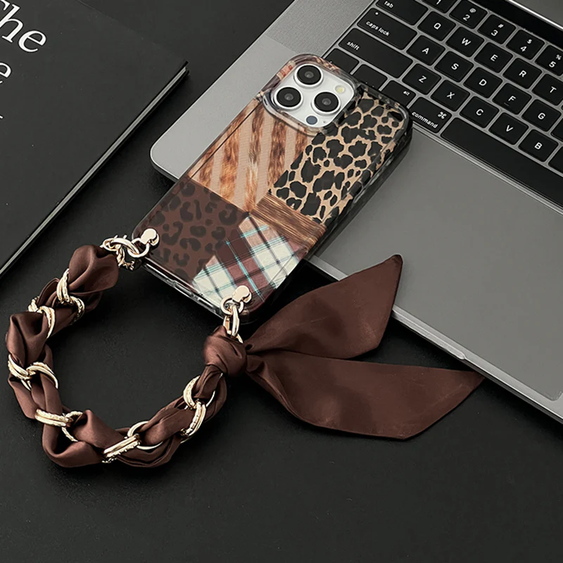 iPhone Lanyard Series | Leopard Print Silk Scarf Bracelet Phone Case - Image 3
